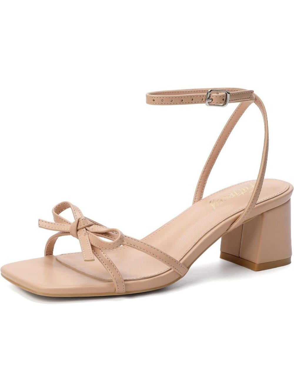 Women's Natural Nude Square Open Toe Bow Strappy Block Chunky Low Heels Sandals